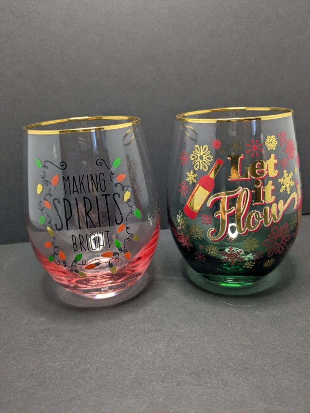 Spoontiques Merry Christmas Stemless Wine Glasses Set Of 2 With Gold Accents